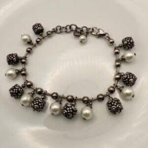 Brighton Silver Tone Pearl Bead Charm Bracelet Heart Clasp Adjustable